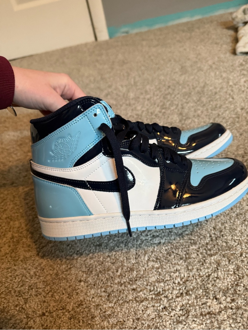 Jordan High-Top Patent Leather Sneakers in Black, White, Light Blue